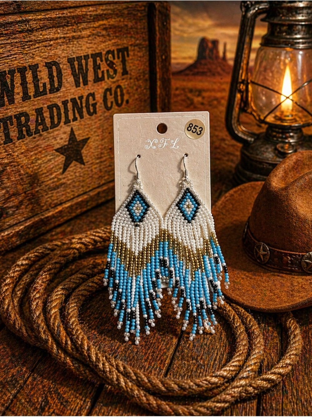 Handmade White, Turquoise & Gold Beaded Fringe Earrings -